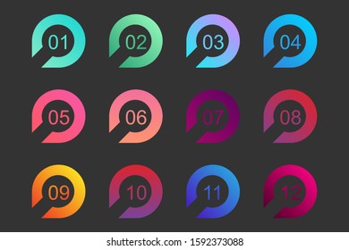 Super set arrow bullet point triangle flags on white background. Colorful gradient markers with number from 1 to 12. Modern vector illustration
