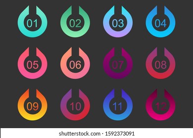 Super set arrow bullet point triangle flags on white background. Colorful gradient markers with number from 1 to 12. Modern vector illustration