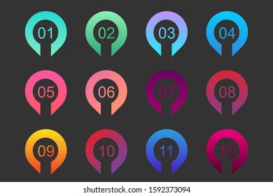 Super set arrow bullet point triangle flags on white background. Colorful gradient markers with number from 1 to 12. Modern vector illustration