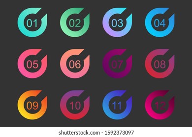 Super set arrow bullet point triangle flags on white background. Colorful gradient markers with number from 1 to 12. Modern vector illustration