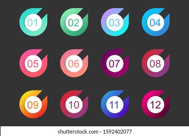 Super set arrow bullet point triangle flags on white background. Colorful gradient markers with number from 1 to 12. Modern vector illustration.