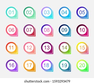 Super set arrow bullet point triangle flags on white background. Colorful gradient markers with number from 1 to 20. Modern vector illustration