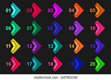 Super set arrow bullet point on black background. Colorful flat markers with number from 1 to 20.
 Modern vector illustration.