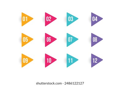 Super set arrow bullet point triangle flags on white background. Markers with number 1 to 12. Modern vector illustration