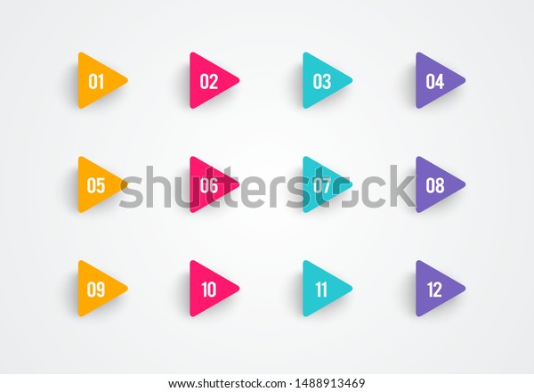 Super set arrow bullet point triangle flags\
on white background with colorful gradient. Markers with number 1\
to 12. Modern vector\
illustration.
