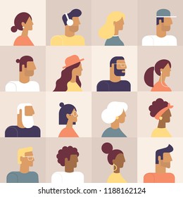 Super set of avatars in flat design style. Cool characters icons. Positive men and women people different age and nationalities. Stylish male and female faces and shoulders avatars