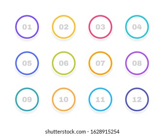 Super set bullet point on white background. Different color markers with number from 1 to 12. Modern vector illustration.