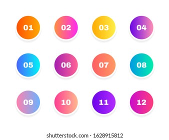 Super set bullet point on white background. Colorful gradient markers with number from 1 to 12. Modern vector illustration.