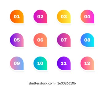 Super set bullet point on white background. Colorful gradient markers with number from 1 to 12. Modern vector illustration.