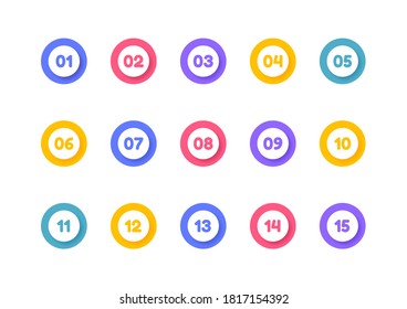 Super set bullet point on white background. Colorful markers with number from 1 to 15. Modern vector illustration.