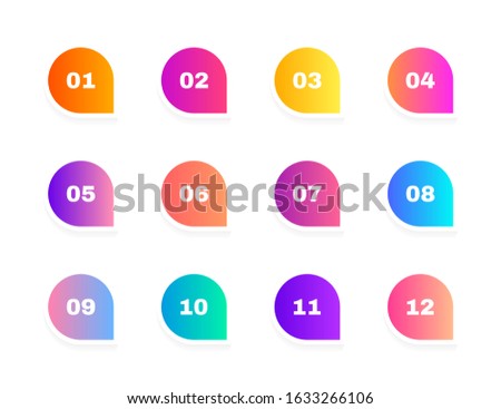 Super set bullet point on white background. Colorful gradient markers with number from 1 to 12. Modern vector illustration.
