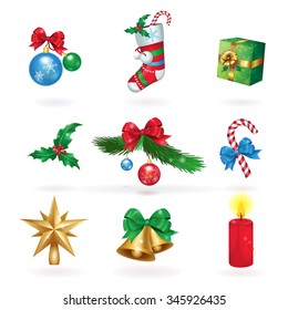 Super set christmas icons in vector. Christmas star, bells, candle and the branch of a Christmas tree with decorations.