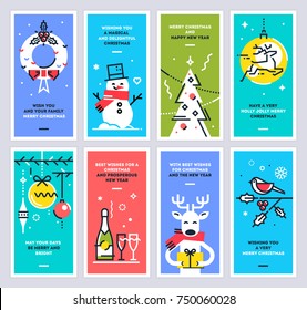 Super set of Christmas and New Year cards. Collection of xmas thin line design templates for print or web. Vector illustration.