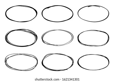 Super set of circles of lines sketch drawn ovals. Doodle circles for design elements, messages, notes labels. Bubble sows vector illustration.