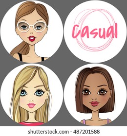 Super set with Cute vector girl avatar icon. Beauty portrait collection. Fashion illustration with young women. Stylish ladies. Trendy colors. Beautiful faces. Cartoon girls.