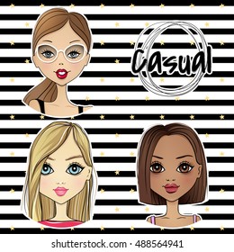 Super set with Cute vector girl avatar icon. Beauty portrait collection. Fashion illustration with young women. Stylish ladies. Trendy colors. Beautiful faces. Cartoon girls. Glamour face icons.