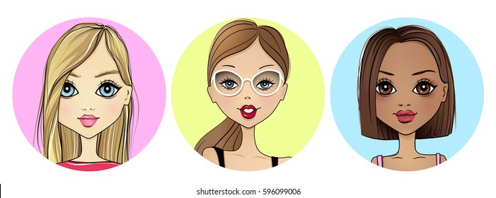 Super set with Cute vector girl avatar icon. Beauty portrait collection. Fashion illustration with young women. Stylish ladies. Trendy colors. Beautiful faces. Cartoon girls.