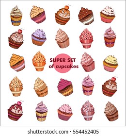 Super set of different cartoon cupcakes for advertising cafe and confectionery. Vector illustration