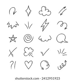 Superconjunto de diferentes expresiones de tiras cómicas. Dibujo manual del doodle. Ilustración vectorial.