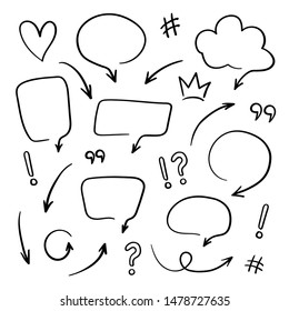 Super set different hand drawn element. Collection of arrows, speech bubble, circles, doodles on white background. Signs for design. Line art.