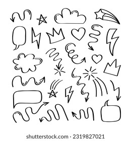 Super set different hand drawn element. Collection of arrows, crowns, circles, hearts, bubbles, doodles on white background. Vector graphic design.