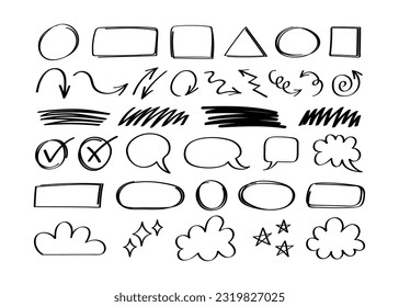 Superconjunto de elementos dibujados a mano diferentes. Colección de figuras geométricas, flechas, divisores, marca de verificación, burbujas de voz sobre fondo blanco. Diseño gráfico vectorial.