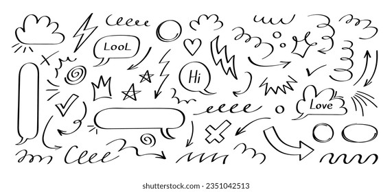 Super set different hand drawn element. Collection of arrows, crowns, circles, hearts, bubbles, doodles on white background. Vector graphic design.