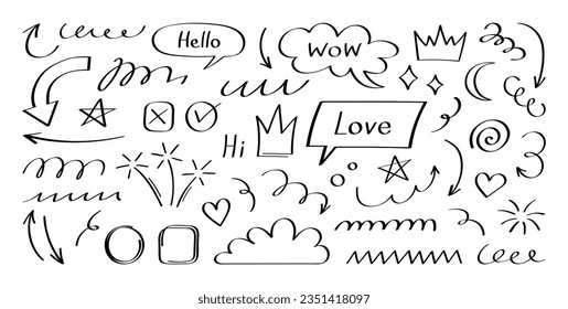 Super set different hand drawn element. Collection of arrows, crowns, circles, hearts, bubbles, doodles on white background. Vector graphic design.