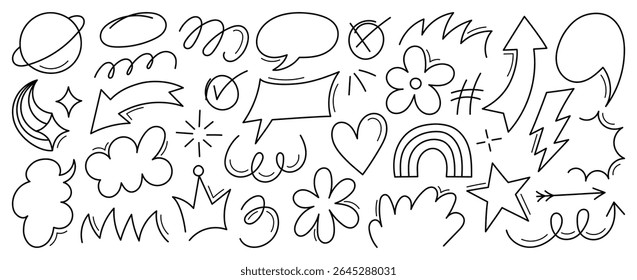 Super conjunto de elemento desenhado à mão diferente no estilo doodle. Coleção de setas, coroas, círculos, rabiscos no fundo branco. Design gráfico vetorial.