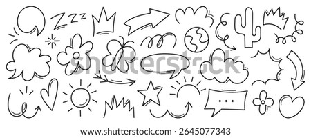 Super set of different hand drawn element in doodle style. Collection of arrows, crowns, circles, doodles on white background. Vector graphic design.