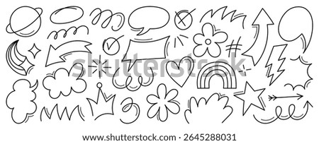 Super set of different hand drawn element in doodle style. Collection of arrows, crowns, circles, doodles on white background. Vector graphic design.