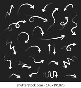 Super set different hand-drawn arrows on dark grey background, vector graphic design.