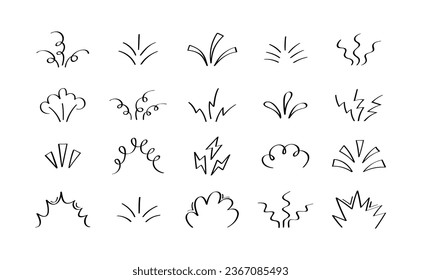 Superconjunto de elementos lineales diferentes dibujados a mano. Curso de línea de doodle de expresión de caricatura, pincel decorativo. Diseño gráfico vectorial.