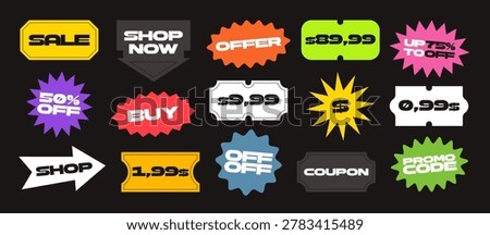 Super set of different price sticker and labels. Old price and sale stickers collection. Price tag mockup for shopping and business. Vector illustration 