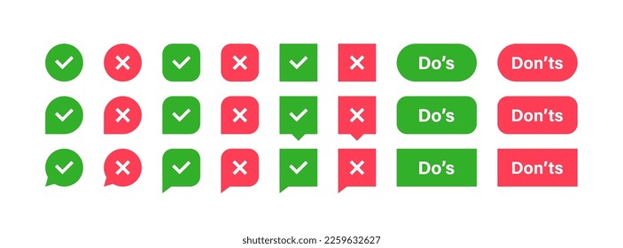 Super Set verschiedene Form-Prüfzeichen und Cross-Markierung. Ja oder Nein, Dos oder Donts, genehmigt oder abgelehnt, korrigiert oder falsch. Design-Konzept für Web- und Mobile-Apps. Vektorgrafik.