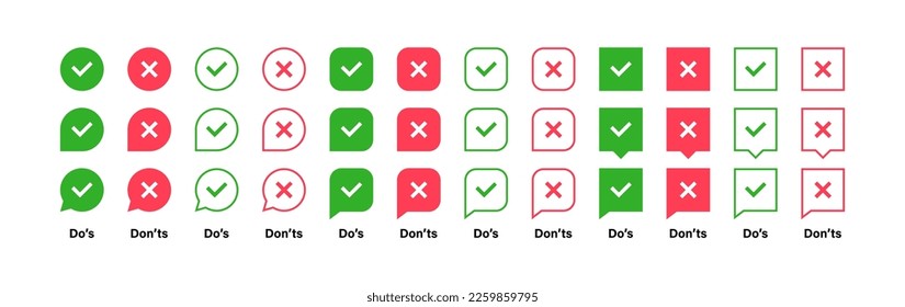 Super Set verschiedene Form-Prüfzeichen und Cross-Markierung. Ja oder Nein, Dos oder Donts, genehmigt oder abgelehnt, korrigiert oder falsch. Design-Konzept für Web- und Mobile-Apps. Vektorgrafik.