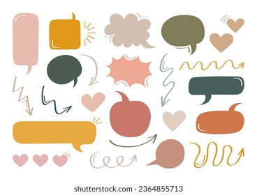 Súper conjunto de formas diferentes, burbujas coloridas, corazones y flechas dibujadas a mano. Colección de burbujas de habla, burbuja de chat o cuadros de diálogo dibujados en color pastel. Diseño gráfico vectorial.