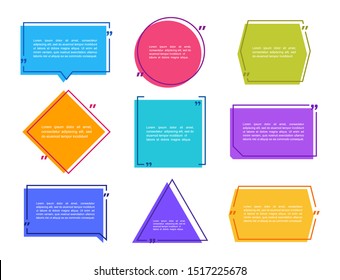 Super set different shape geometric texting boxes. Colored quote box speech bubble. Modern flat style vector illustration.
