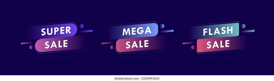 Súper conjunto de diferentes formas geométricas banners con promoción de venta. Banners coloridos con ventas súper, mega y flash. Ilustración vectorial moderna de estilo plano.