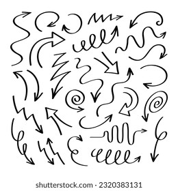Super set different shape hand drawn arrows. Doodle style curved and squiggly arrows. Vector graphic design.