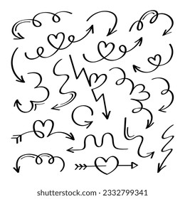 Super set different shape hand drawn arrows in the shape of a heart. Doodle style curved and squiggly arrows. Vector graphic design.