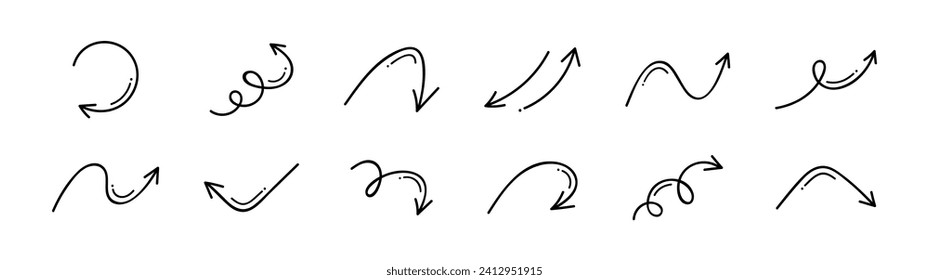 Super set different shape hand drawn arrows. Doodle style curved and squiggly arrows. Vector graphic design.