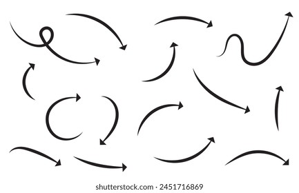 Super set different shape hand drawn arrows. Doodle style curved and squiggly arrows. Illustrations for Web or polygraphy Design.