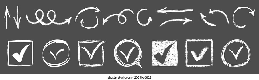 Super set doodle check mark and different circle arrows   underlines  Checklist pencil marks template  Checkboxes in the hand drawn style  Checkmarks   crosses  Vector illustration 