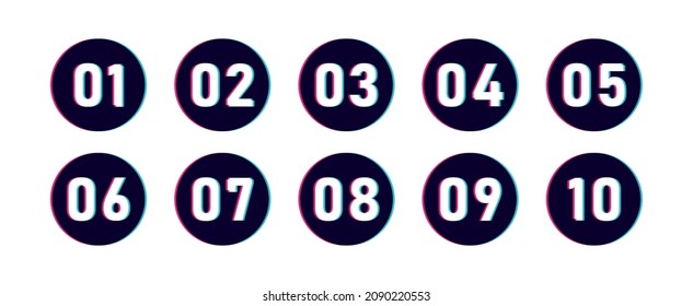 Super set glitch bullet point on white background. Colorful glitch distorted markers with number from 1 to 10. Modern vector illustration.
