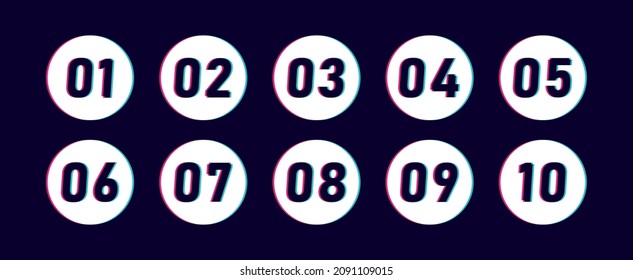 Super set glitch bullet point on dark blue background. Colorful glitch distorted markers with number from 1 to 10. Modern vector illustration.