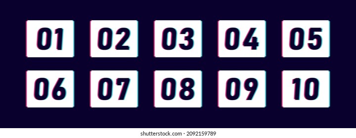 Super set glitch bullet point on dark blue background. Colorful glitch distorted markers with number from 1 to 10. Modern vector illustration.