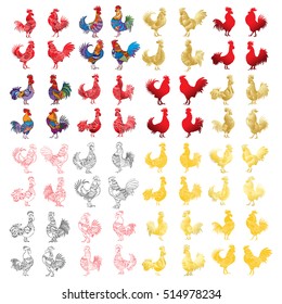 Super set of Golden, red and color roosters. Chinese calendar Zodiac for 2017 New Year of rooster collection. Hand drawing silhouettes. Chinese traditional new year decoration, bundle.