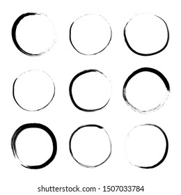 Super set of grunge hand drawn circle brush isolated on white background. Vector illustration.