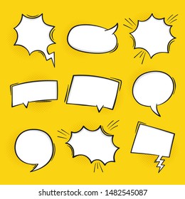 Super set hand drawn blank comic speech bubbles background in retro style. Talk chat retro speak message. Empty white blank comment.